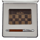 Valentino Rudy方格絞激光名片夾+皮革鋼珠筆(精裝珠寶禮盒)（咖啡）
