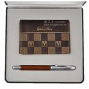 Valentino Rudy方格絞激光名片夾+皮革鋼珠筆(精裝珠寶禮盒)（咖啡）